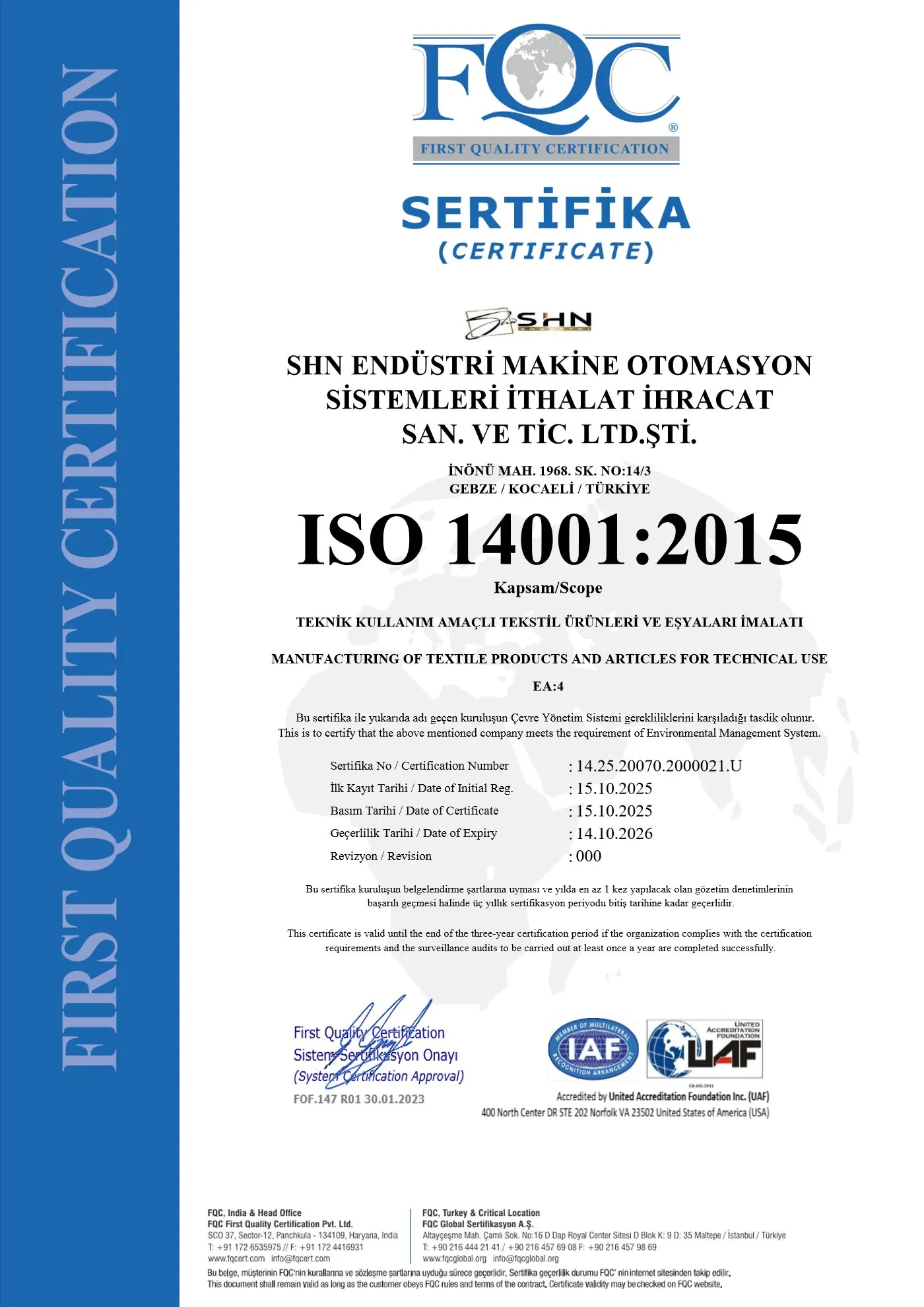 ISO 14001:2015 belgesi